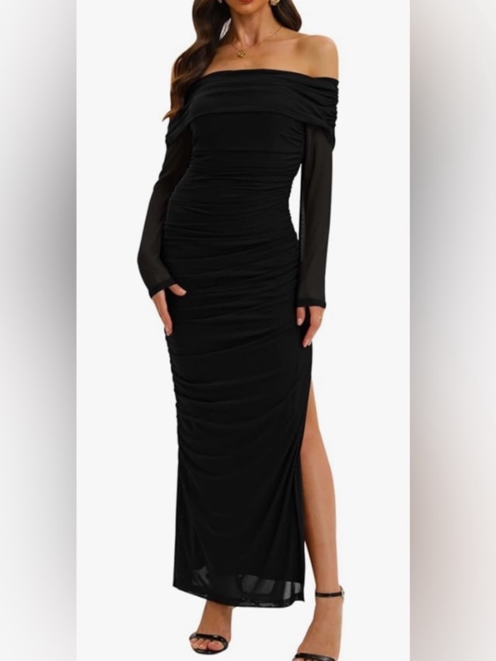 NWT Relipop black mesh off the shoulder long sleeve ruched maxi dress size 2 XL